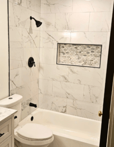 Hamilton custom tile shower after photo with niche by KR Remodeling