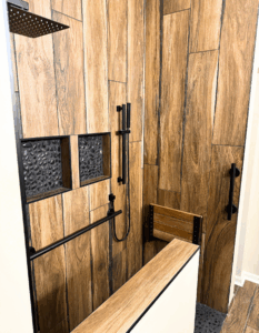 Hamilton custom tile shower after photo with niche by KR Remodeling