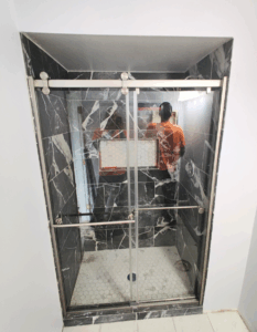 Hamilton custom tile shower after photo with niche by KR Remodeling